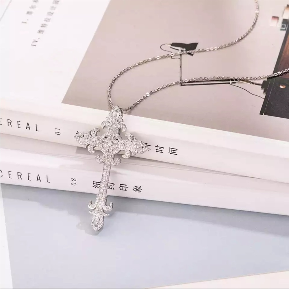 New Men Women 925 Silver Cross Diamond Necklace - Picture 4 of 5